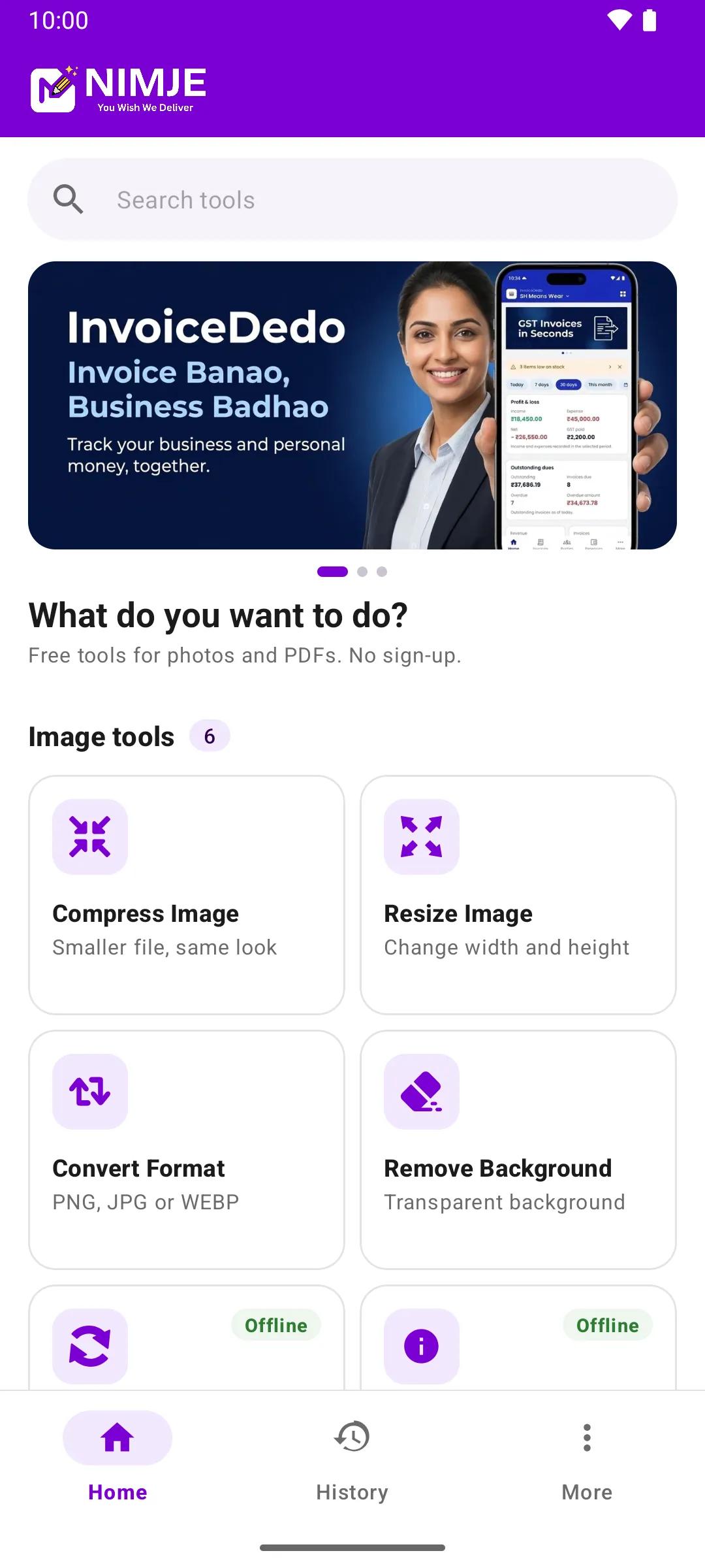 Nimje Tools Android app: Home
