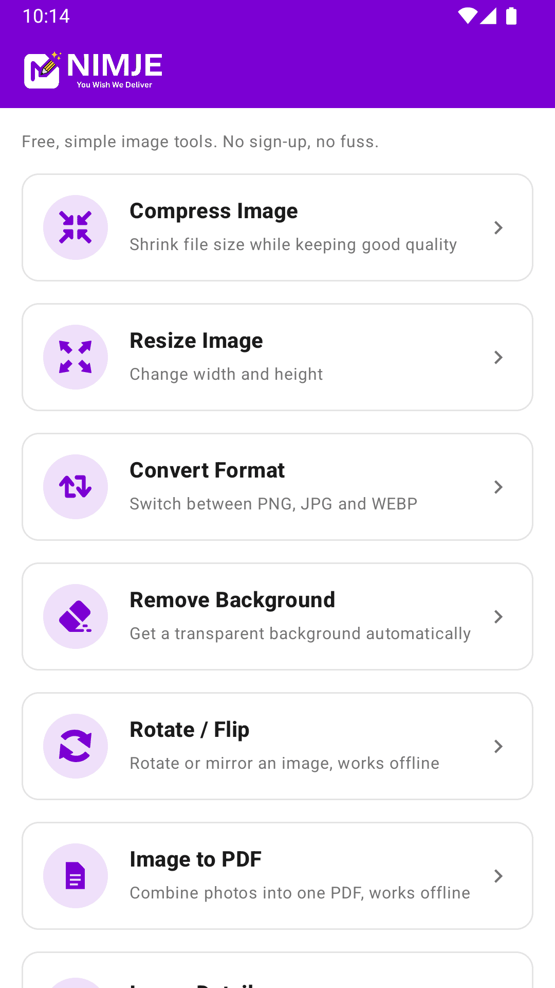 Nimje Tools Android app home screen showing the list of image tools