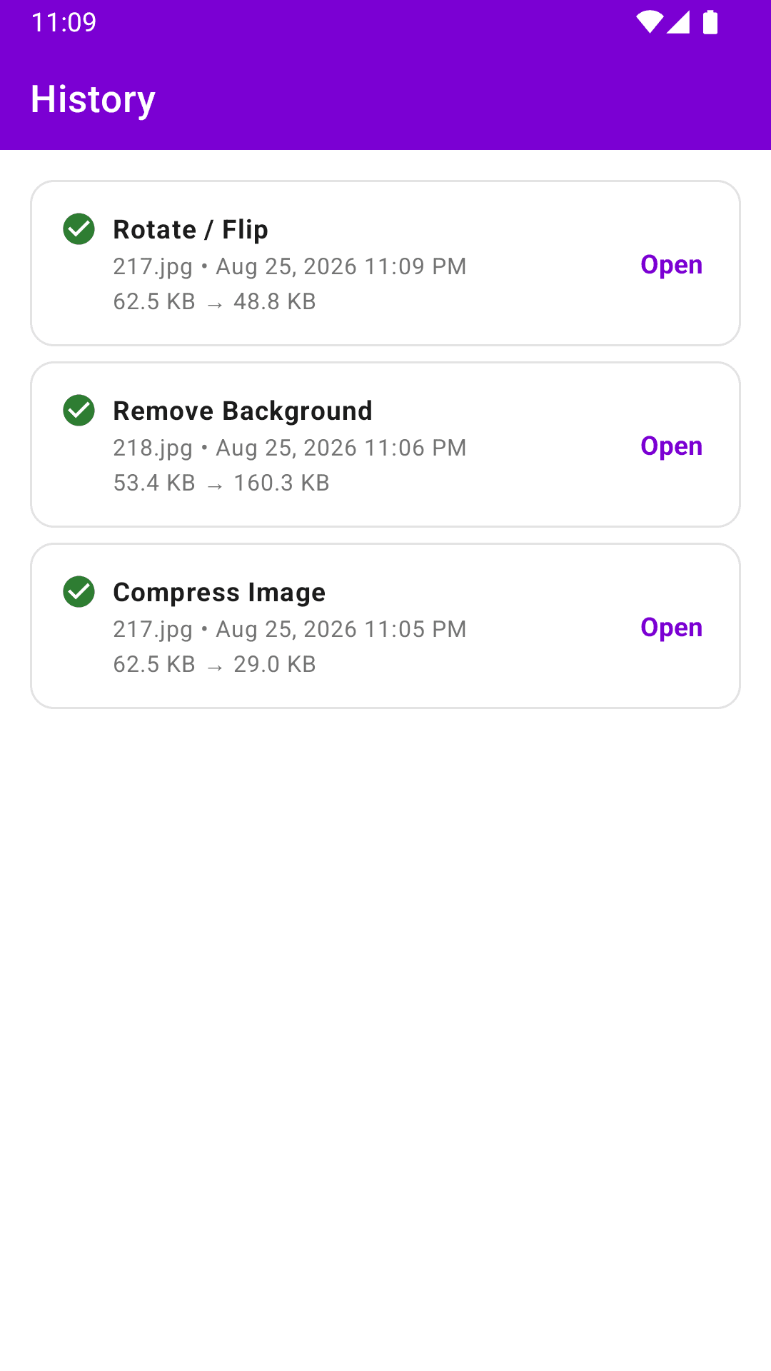 Nimje Tools Android app - Local History screen